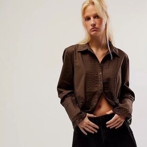 Free People Brown Button-Up Shirt with Lace Details